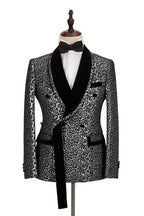 Black Shawl Lapel Stitching Silver Leopard Jacquard Men's Suit