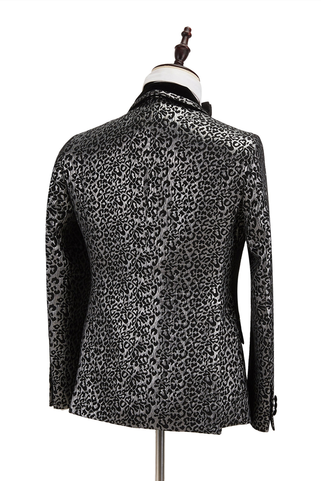 Black Shawl Lapel Stitching Silver Leopard Jacquard Men's Suit