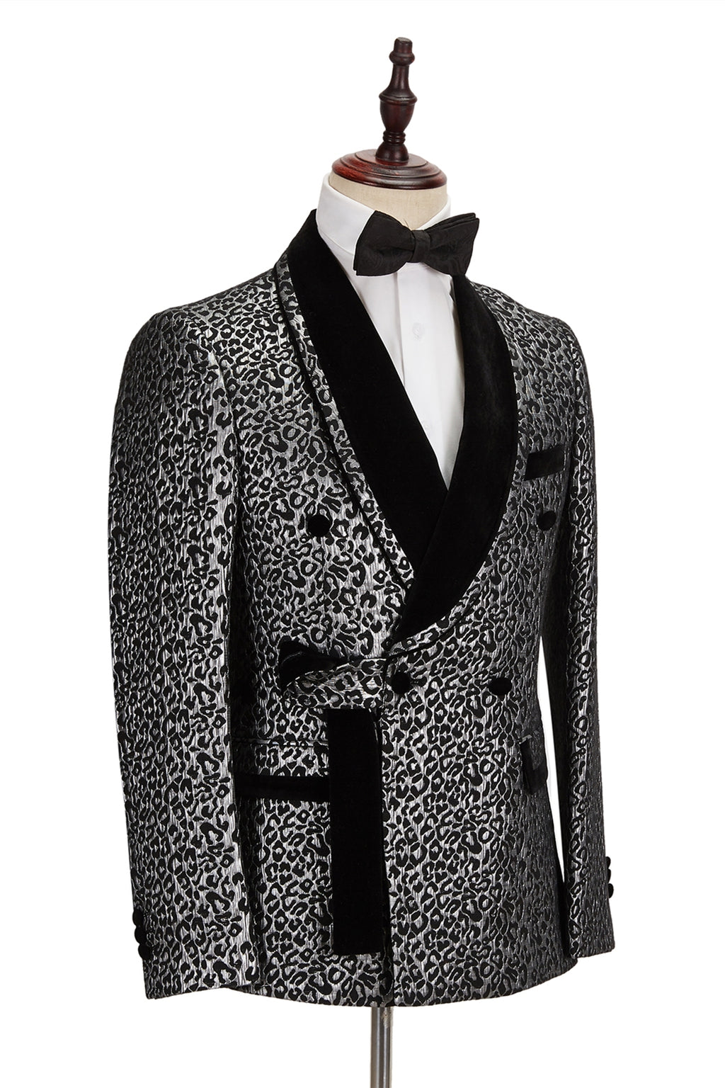 Black Shawl Lapel Stitching Silver Leopard Jacquard Men's Suit
