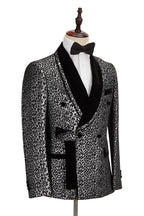 Black Shawl Lapel Stitching Silver Leopard Jacquard Men's Suit
