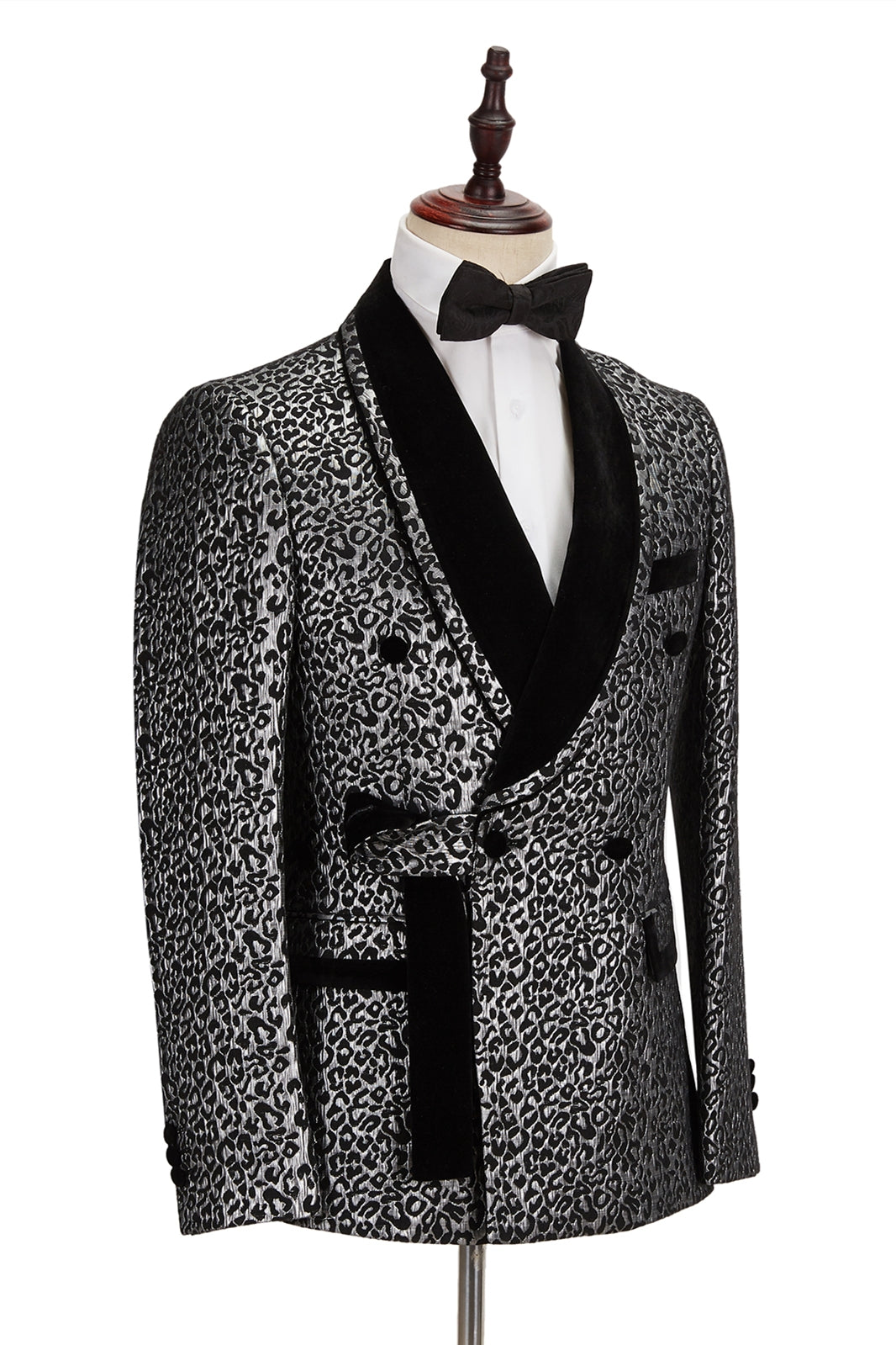 Black Shawl Lapel Stitching Silver Leopard Jacquard Men's Suit