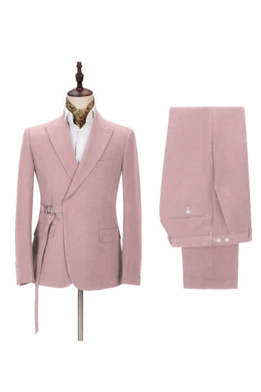 Pink Peaked Lapel Adjustable Buckle Men's Suit