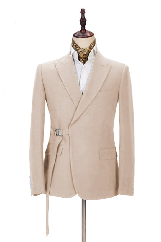 Beige Peaked Lapel Adjustable Buckle Men's Suit