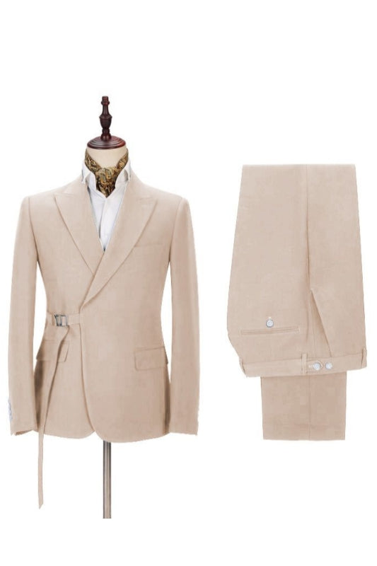Beige Peaked Lapel Adjustable Buckle Men's Suit