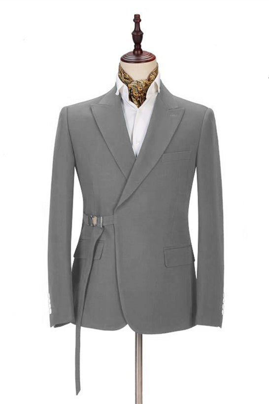 Gray Peaked Lapel Adjustable Buckle Men's Suit