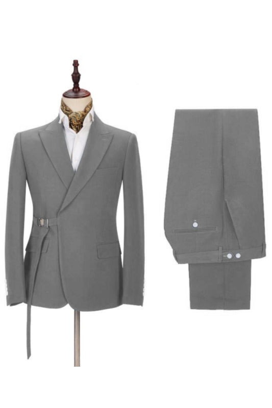 Gray Peaked Lapel Adjustable Buckle Men's Suit