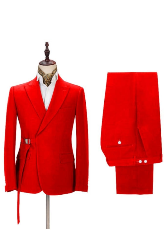 Bright Red Peaked Lapel Adjustable Buckle Men's Suit Secondary image