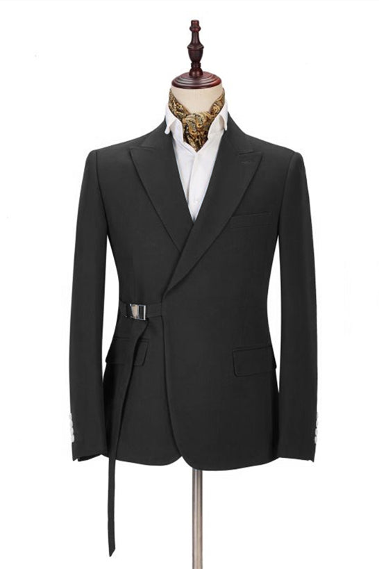 Black Peaked Lapel Adjustable Buckle Men's Suit Main image