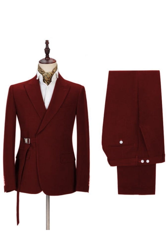 Burgundy Peaked Lapel Adjustable Buckle Men's Suit Secondary image