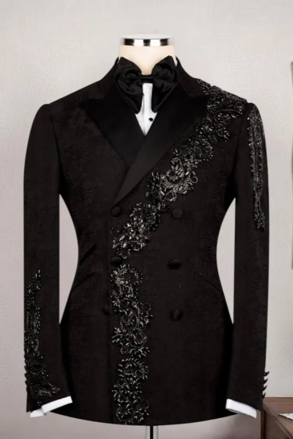 Black Jacquard Double Breasted Beadings Peaked Lapel Men Suit Main image