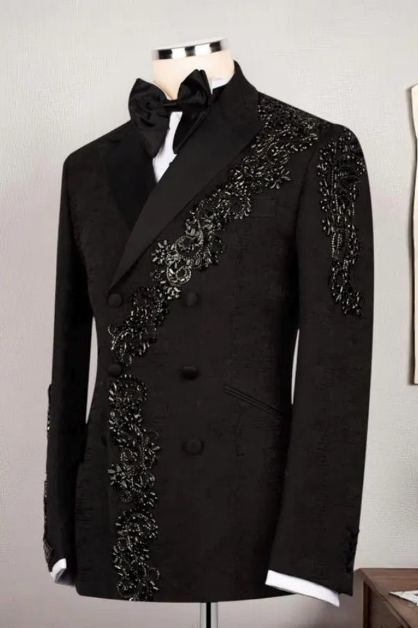Black Jacquard Double Breasted Beadings Peaked Lapel Men Suit Secondary image