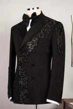Black Jacquard Double Breasted Beadings Peaked Lapel Men Suit