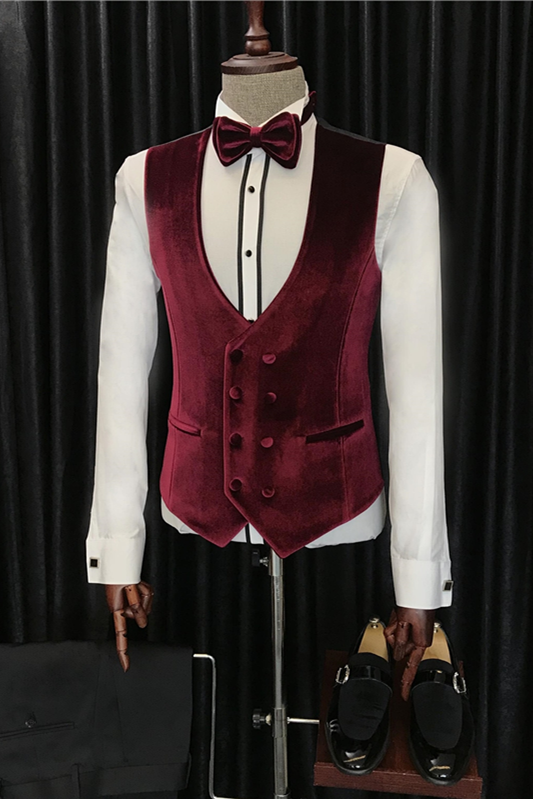 3 Piece White Bespoke Burgundy Velvet Shawl Lapel Men Suit