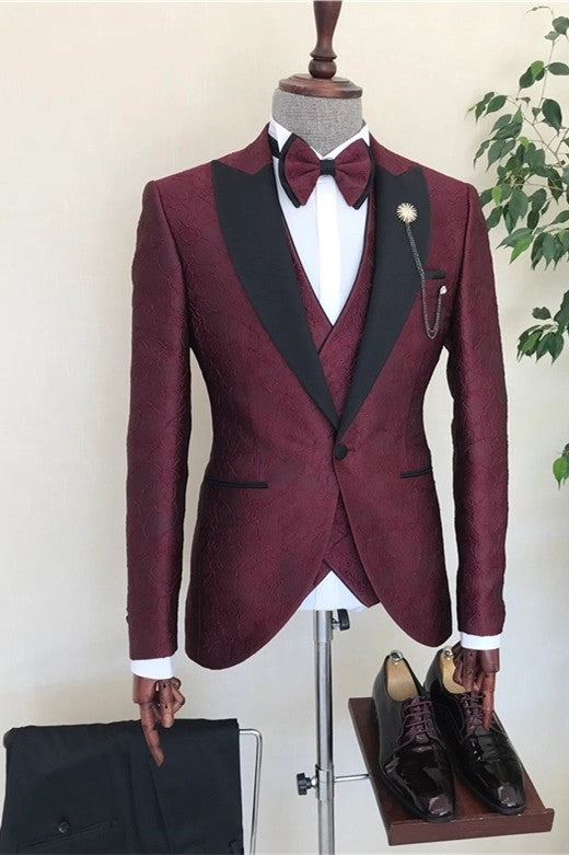 3 Piece Burgundy Jacquard Black Peaked Lapel Men Suits Main image