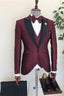 3 Piece Burgundy Jacquard Black Peaked Lapel Men Suits