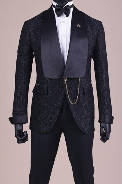 Classic Black Jacquard Shawl Lapel Men Suits