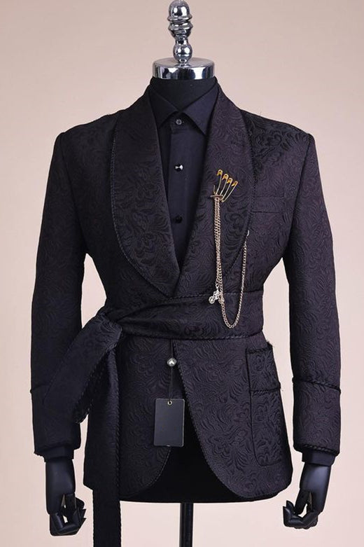 Fashion Black Jacquard Shawl Lapel Men Suits With Belt Main image