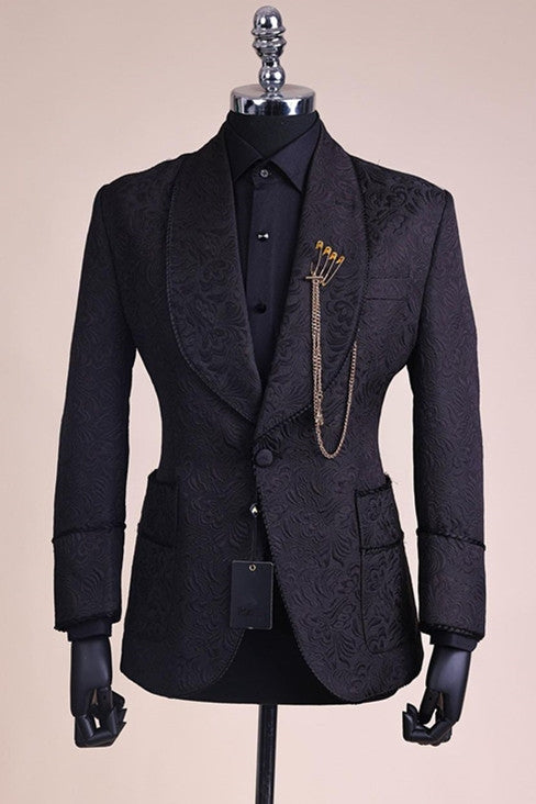 Fashion Black Jacquard Shawl Lapel Men Suits With Belt Secondary image
