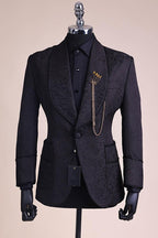 Fashion Black Jacquard Shawl Lapel Men Suits With Belt