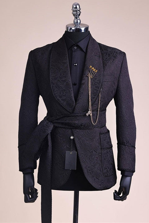 Fashion Black Jacquard Shawl Lapel Men Suits With Belt