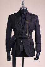 Fashion Black Jacquard Shawl Lapel Men Suits With Belt