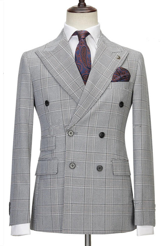 Gray Plaid Double Breasted Peaked Lapel Men Suits