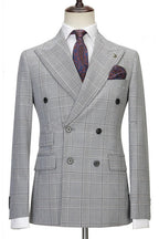Gray Plaid Double Breasted Peaked Lapel Men Suits
