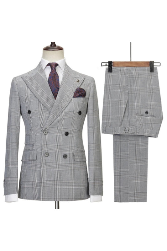 Gray Plaid Double Breasted Peaked Lapel Men Suits