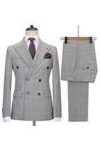 Gray Plaid Double Breasted Peaked Lapel Men Suits