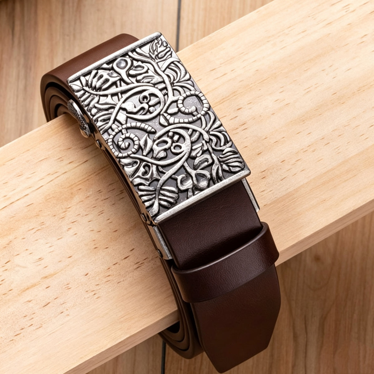 Coffee Vintage Engraved Automatic Buckle Men's Belt