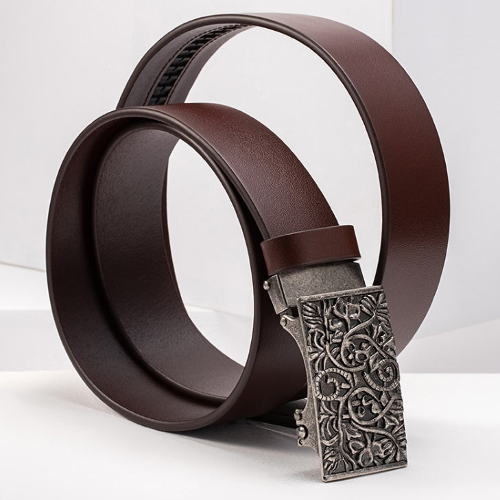 Coffee Vintage Engraved Automatic Buckle Men's Belt