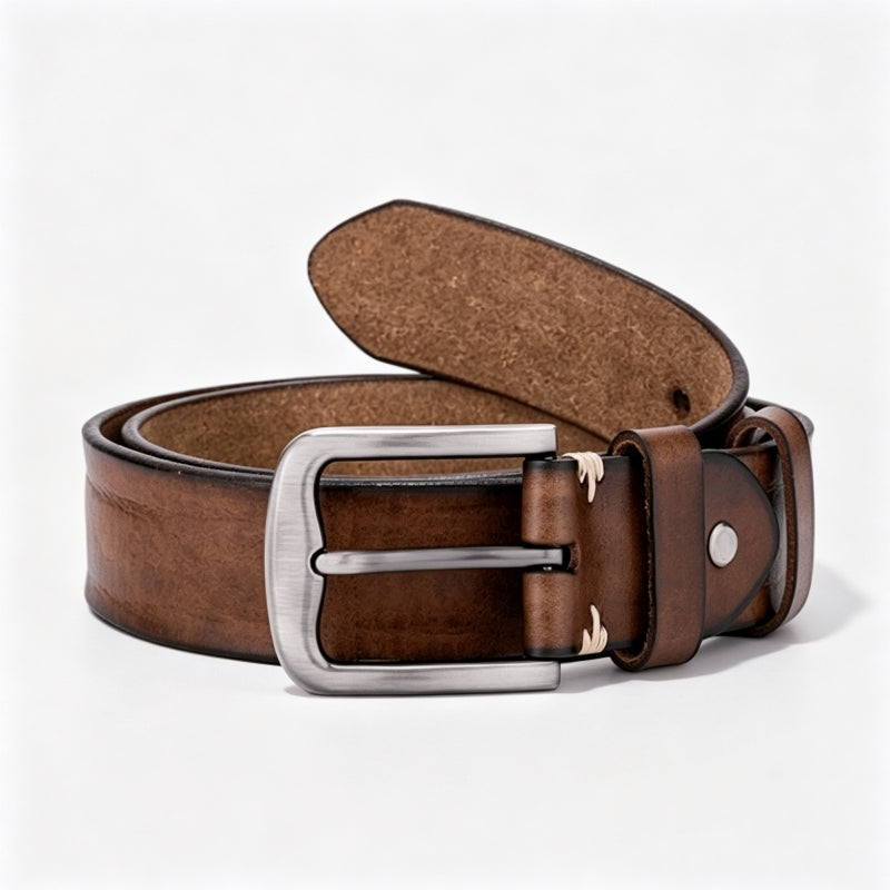 Brown Top Grain Leather Men's Pin Buckle Belt