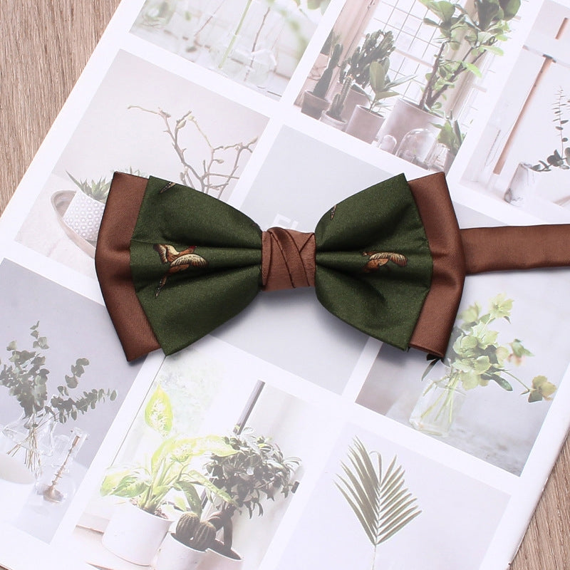 Olive Green Bird Print Men’s Bow Tie Main image