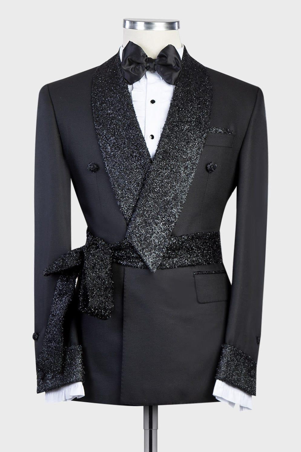 Black Double Breasted Shiny Shawl Lapel Men Suits With Belt