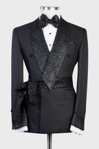 Black Double Breasted Shiny Shawl Lapel Men Suits With Belt