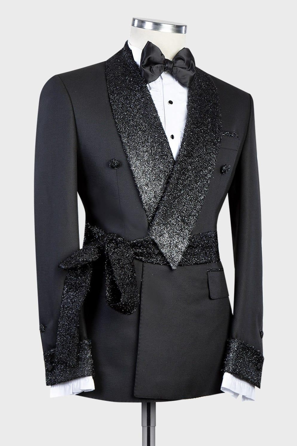 Black Double Breasted Shiny Shawl Lapel Men Suits With Belt Secondary image
