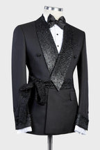 Black Double Breasted Shiny Shawl Lapel Men Suits With Belt