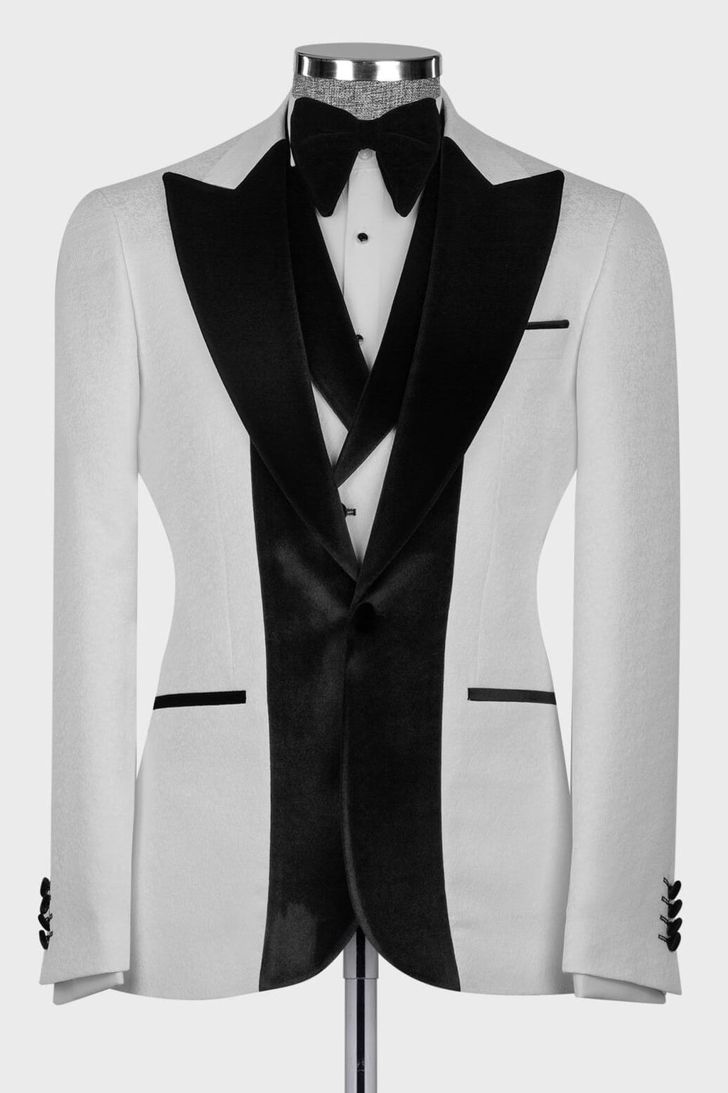 White Jacquard 3 Piece Men Suit With Black Velvet Peaked Lapel