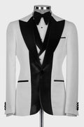 White Jacquard 3 Piece Men Suit With Black Velvet Peaked Lapel