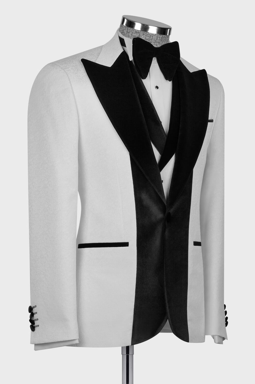 White Jacquard 3 Piece Men Suit With Black Velvet Peaked Lapel