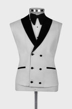 White Jacquard 3 Piece Men Suit With Black Velvet Peaked Lapel
