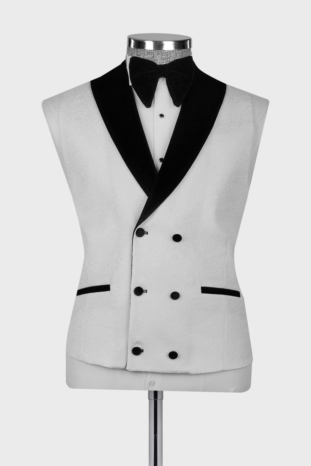 White Jacquard 3 Piece Men Suit With Black Velvet Peaked Lapel