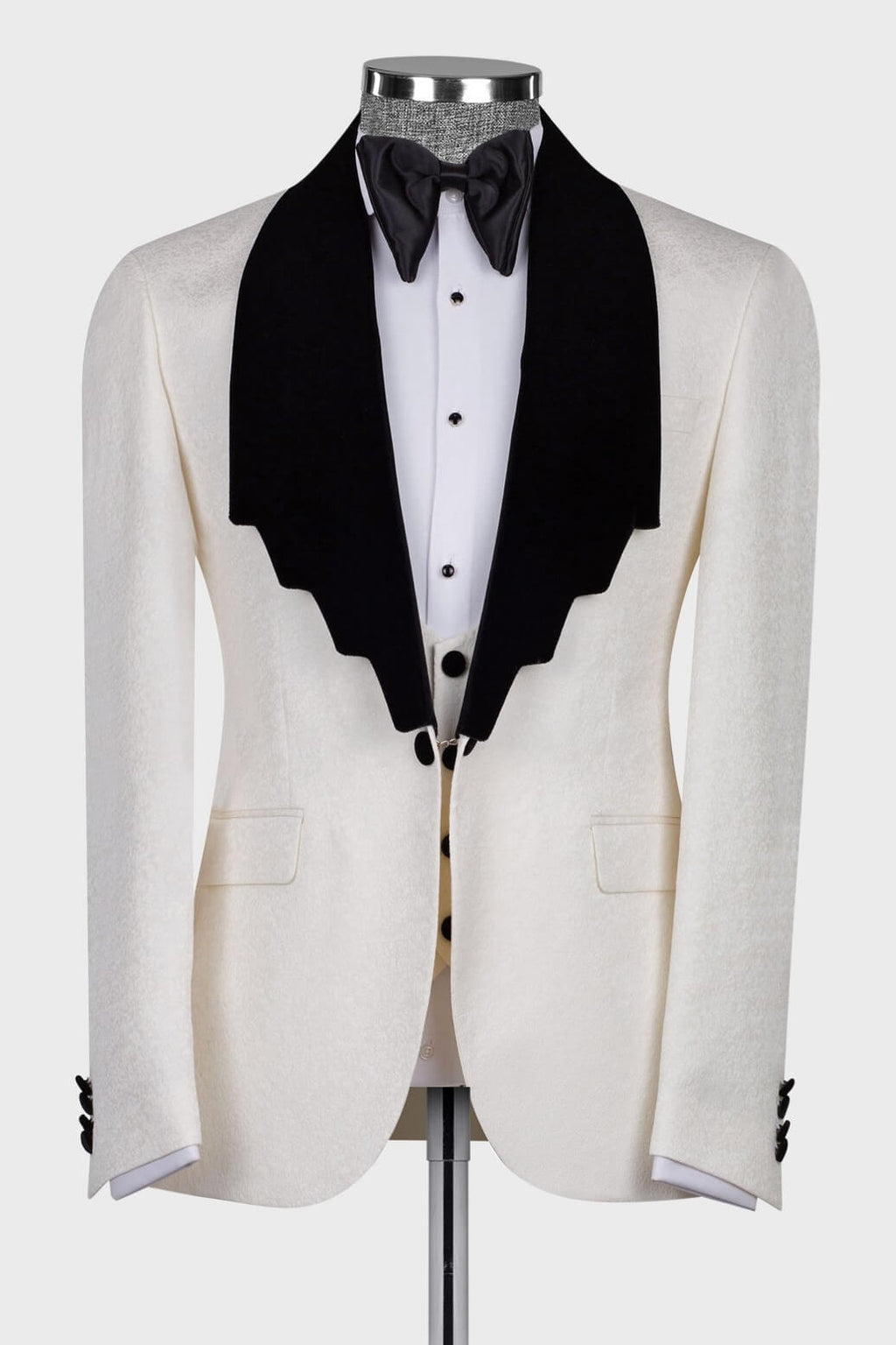 Ivory Jacquard Black Shawl Lapel Men Suit With Waistcoat