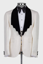 Ivory Jacquard Black Shawl Lapel Men Suit With Waistcoat