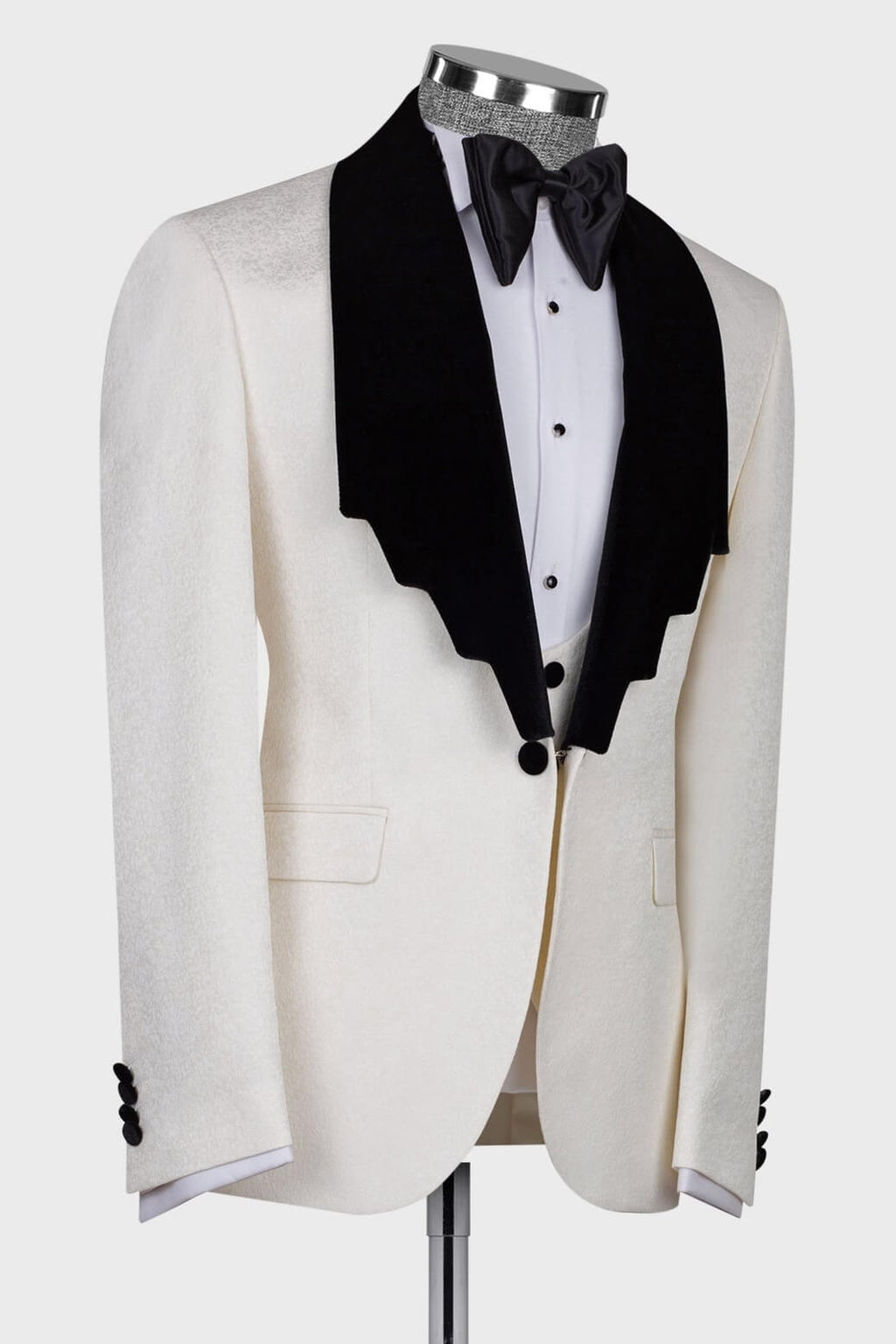 Ivory Jacquard Black Shawl Lapel Men Suit With Waistcoat