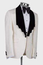 Ivory Jacquard Black Shawl Lapel Men Suit With Waistcoat