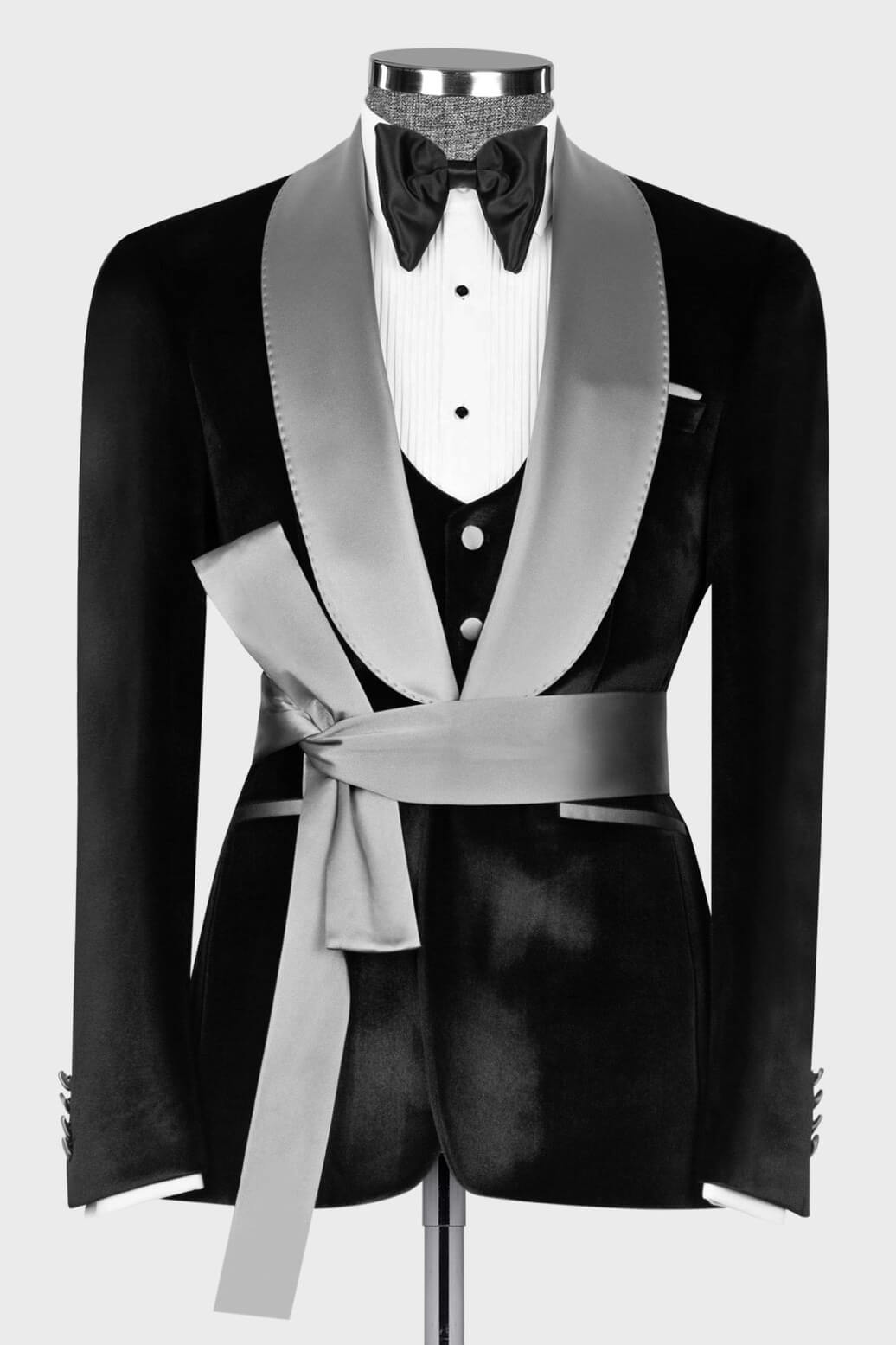 Black Velvet Silver Sash Shawl Lapel 3 Piece Men Suit Main image