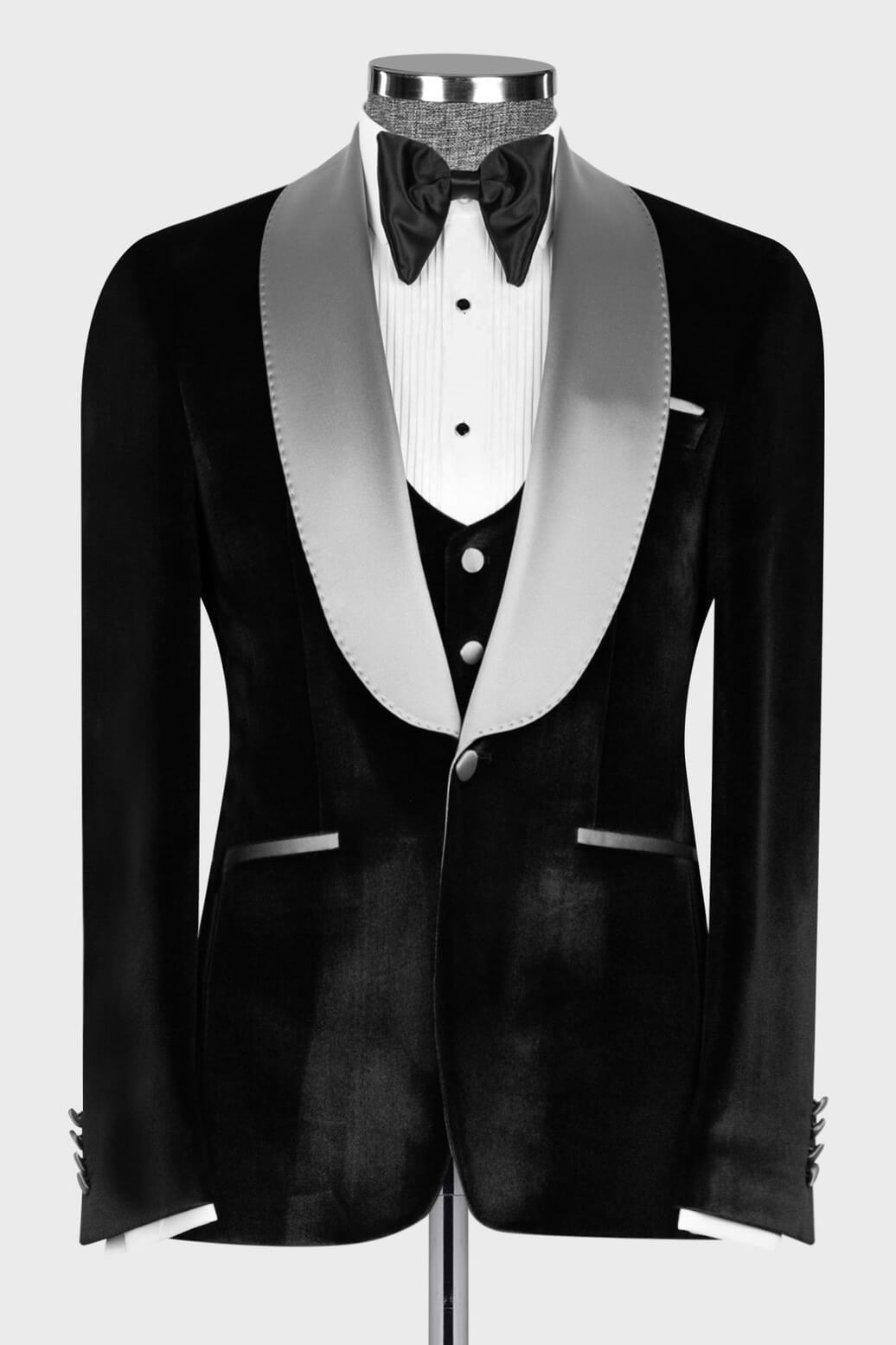 Black Velvet Silver Sash Shawl Lapel 3 Piece Men Suit Secondary image