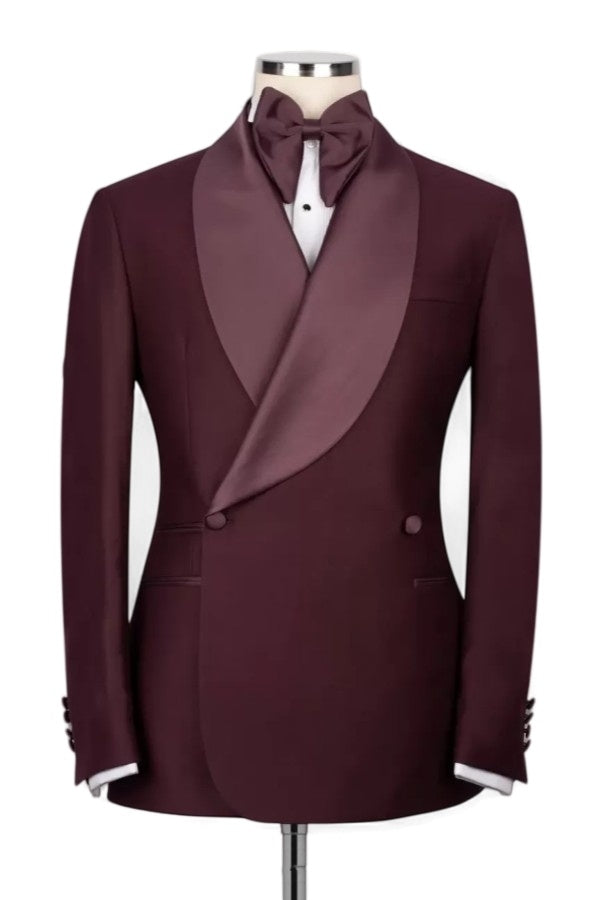 Burgundy Shawl Lapel Double Breasted Suits For Men