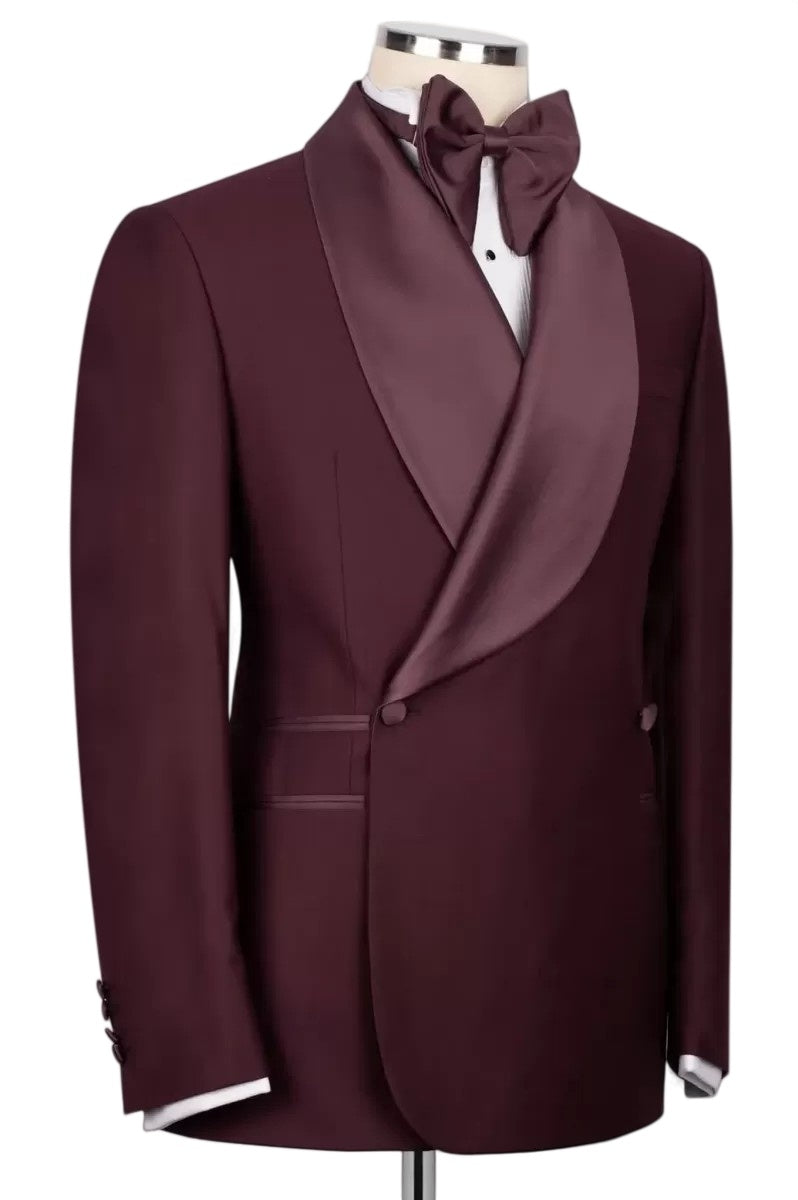 Burgundy Shawl Lapel Double Breasted Suits For Men